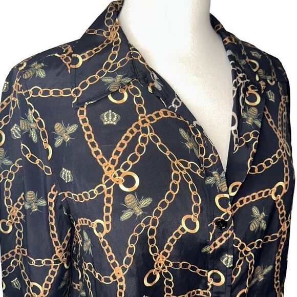 DG2 Diane Gilman Collection Silk Blend Top bee, chains, gold bling button up - Picture 9 of 9